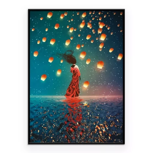 Poster Een vrouw tegen de nachtelijke hemel met lantaarns.