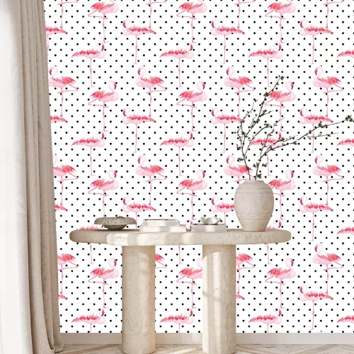 Behang Wit thema met zwarte stippen en flamingo's