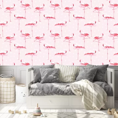 Behang Roze flamingo's en witte stippen