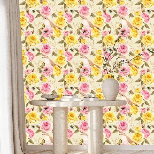 Behang Theerozen en roze bijenvogels