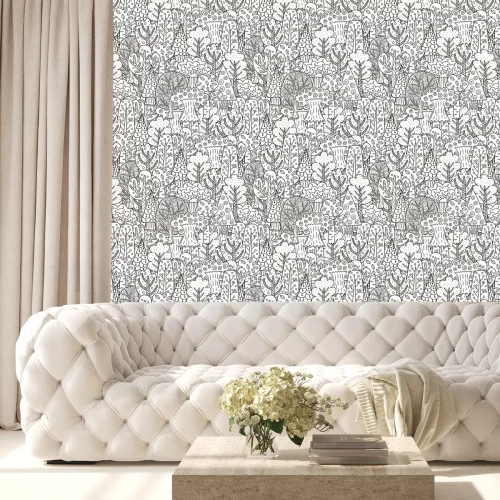 Behang Zwart-wit bos en geometrische bomen