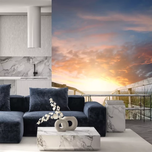 Fotobehang Toegang tot het strand bij zonsondergang