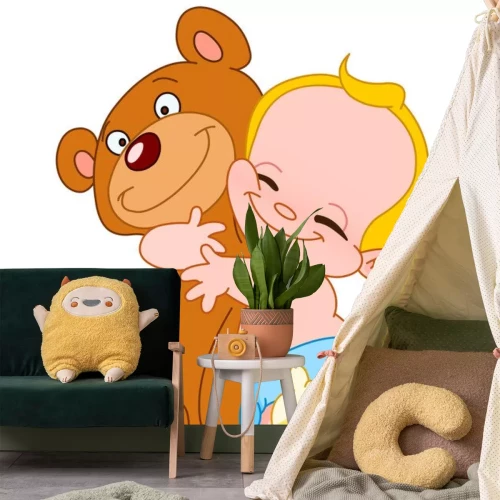 Sticker Een kleine baby knuffelt een teddybeer