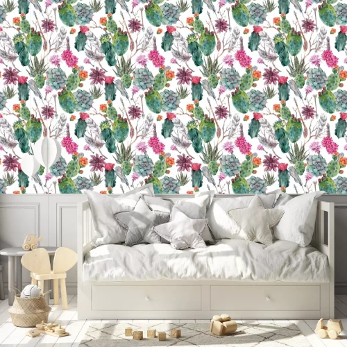 Behang Cactussen en veren in boho-stijl
