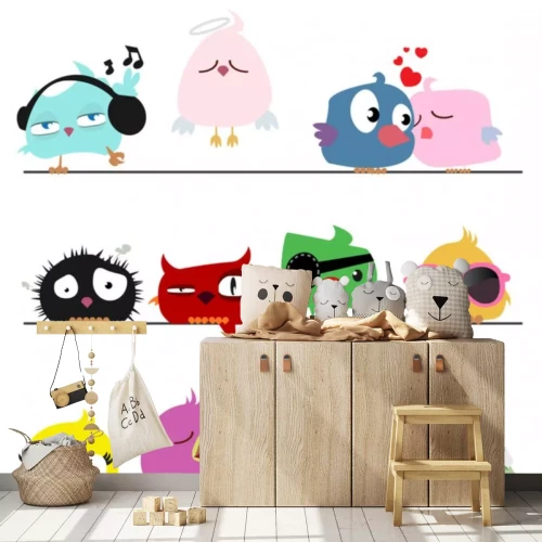 Sticker Grappige kleurrijke vogels die op een rij zitten