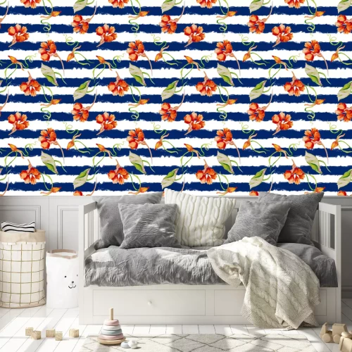 Behang Nasturium op de gestreepte nautische achtergrond. Watercolor naadloos patroon met wilde zomerbloemen.