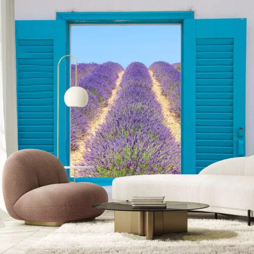 Fotobehang Raam met uitzicht op een lavendelveld