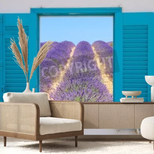 Fotobehang Raam met uitzicht op een lavendelveld