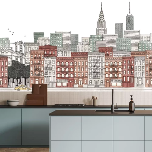 Sticker New York City - naadloze banner van de skyline van New York, getrokken hand en digitaal gekleurde inkt illustratie