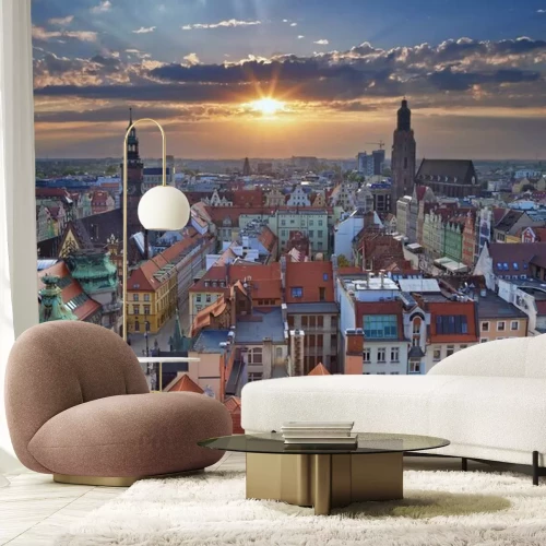 Fotobehang De oude binnenstad van Wrocław bij zonsondergang