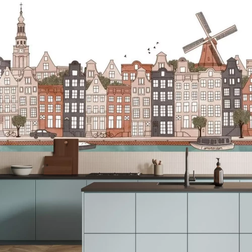 Sticker Amsterdam, Nederland - naadloze banner van de skyline van Amsterdam, getrokken hand en digitaal gekleurde inkt illustratie