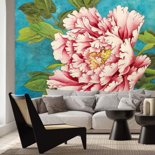 Fotobehang Roze pioenroos op een blauwe achtergrond