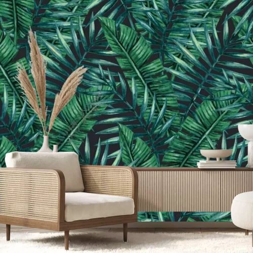 Fotobehang Donkergroene bladeren van tropische planten