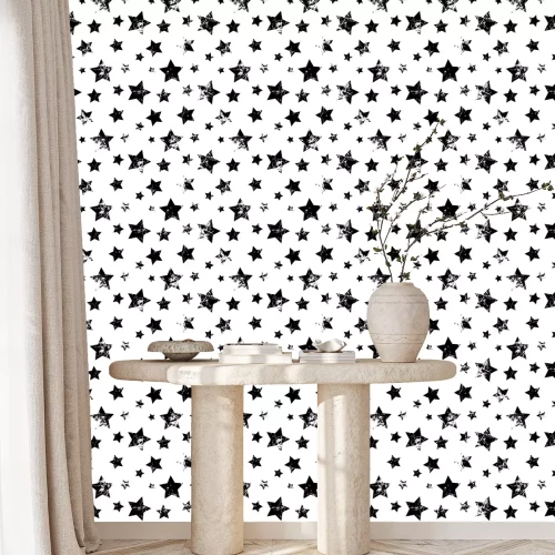 Behang Naadloze vector patroon. Creatieve geometrische zwart-witte achtergrond met sterren. Textuur met natuurlijk verloop, scheuren en ambrosia. Oude stijl vintage design. Grafische illustratie.