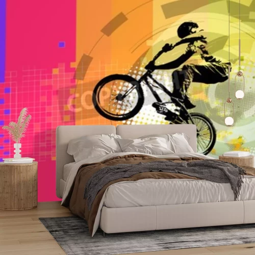 Fotobehang Silhouet van een BMX-fietser tegen een achtergrond van gekleurde strepen