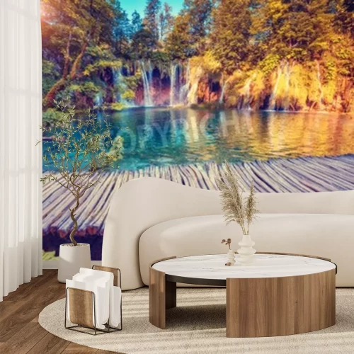Fotobehang 3D waterval en turquoise water