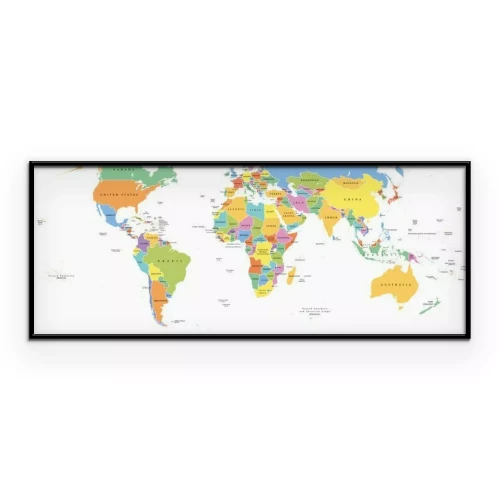 Poster Wereld enkele staten politieke kaart met landsgrenzen. Elk land met een eigen kleur. Illustratie op een witte achtergrond onder Robinson projectie. Engels labeling.