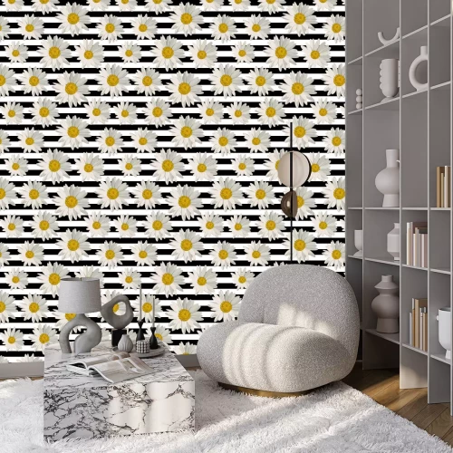 Behang Madeliefjes op zwart-wit gestreepte achtergrond