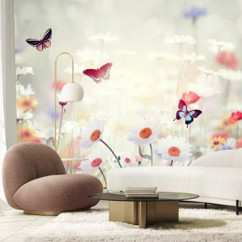 Fotobehang Artistieke grafiek met een weide en bloemen