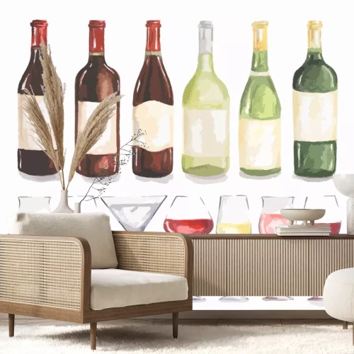 Sticker Watercolor flessen wijn en glazen in te stellen. Mooie flessen en glazen voor decoratie menu in het restaurant of cafe. Alcoholische drank.