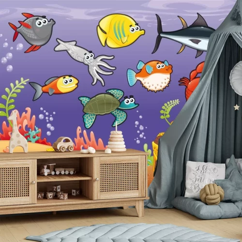 Sticker Kleurrijke bewoners van de zeebodem, een sprookjesachtige illustratie