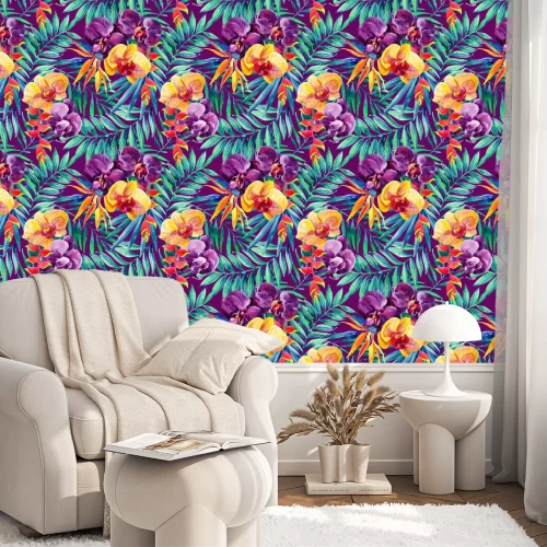 Behang Waterverf het tropische bladeren en bloemen naadloos patroon.