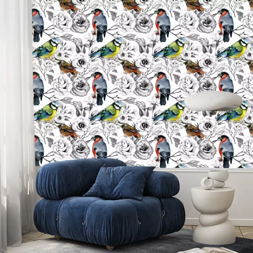 Behang Kleurrijke vogels en zwart-witte bloemen