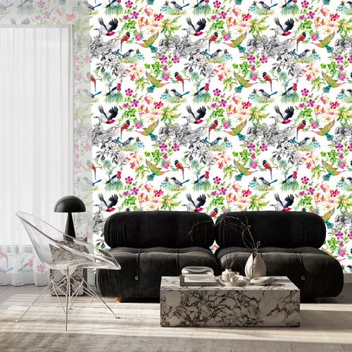 Behang Vogels en bloemen in verschillende tinten