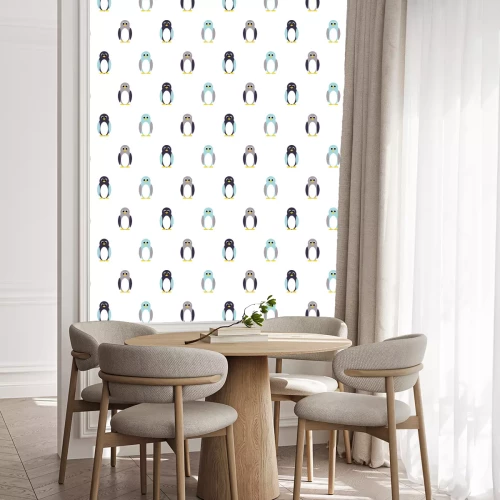Behang Pinguïn blauw, paars op wit kind patroon. Babypinguïn toy vector naadloze patroon voor textiel print en kleding.