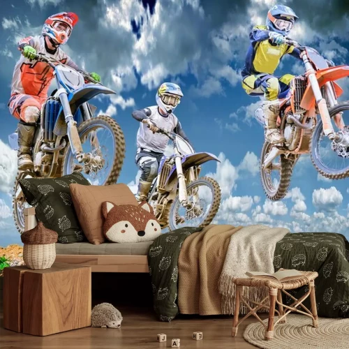 Fotobehang Drie motorrijders midden in een sprong