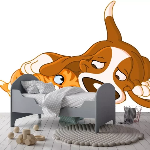 Sticker Hond met lange oren knuffelt een klein gemberkatje