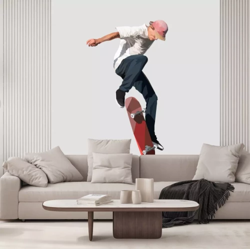 Sticker jonge skater doet een sprong op een skateboard, vector illustratie