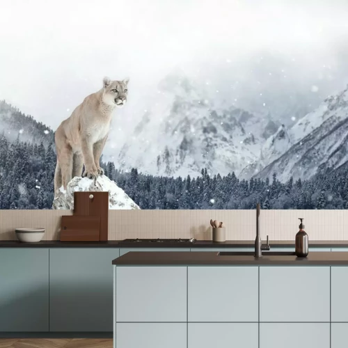 Fotobehang Puma tegen de achtergrond van winterbergen