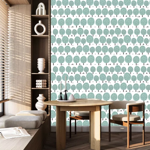 Behang scandinavië naadloze patroon met silhouetten van bomen, driehoekige vormen. en gekleurd blauw voor design - achtergrond