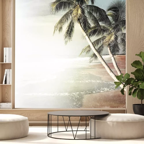 Fotobehang Hemels strand met een palmboom