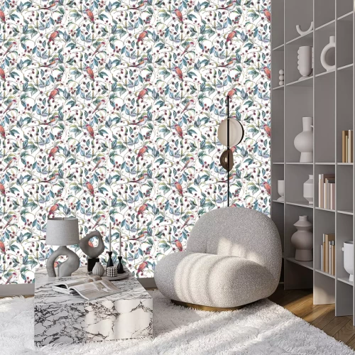 Behang Aquarel braambessen vogels en bladeren