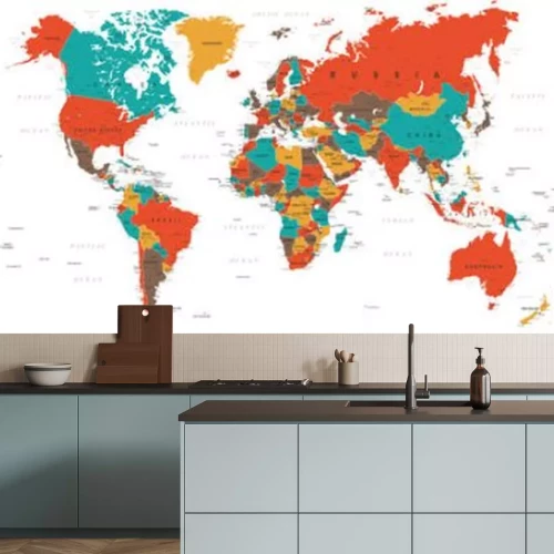 Fotobehang Een wereldkaart in tinten rood, geel en bruin