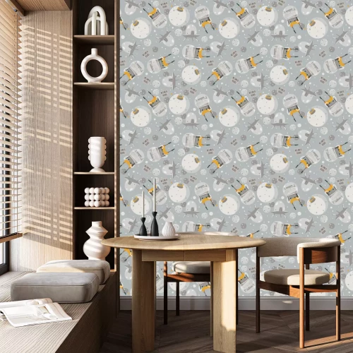 Behang Vector leuke naadloze afbeelding met mooie vreemdelingen, ruimteschip en kleine planeet. Grijs en gele kleuren. Kind kinderachtig patroon, goed voor creatieve inpakpapier design.