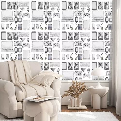 Behang Waterverf het apparaat in te stellen. Allerlei moderne snufjes zoals laptop, camera, smartphone, speler, koptelefoons en nog veel meer.