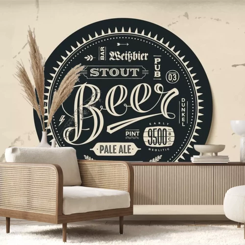 Sticker Coaster voor bier met de hand getekende letters. Monochrome vintage tekening voor bar, pub en bier thema's. Zwarte cirkel voor het plaatsen van een pul bier of een bierfles over het met letters voor b