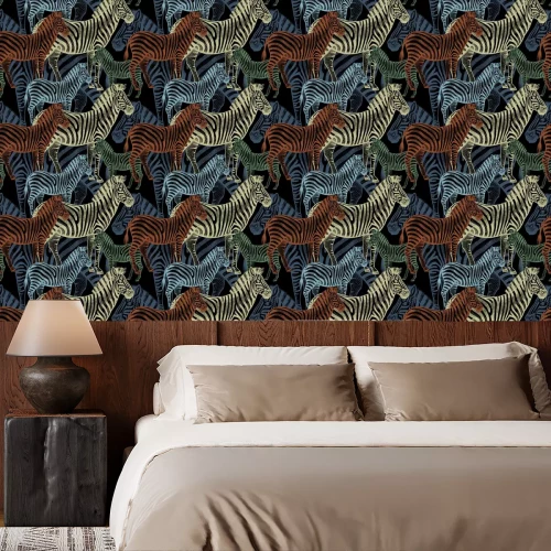 Behang Gekleurde abstracte zebra print op zwarte achtergrond
