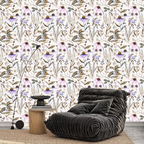 Behang -Hand getekende aquarel naadloos botanische patroon met verschillende planten. Herhaalde natuurlijke achtergrond met weide en geneeskrachtige planten: echinacea, koffie, lavendel etc.