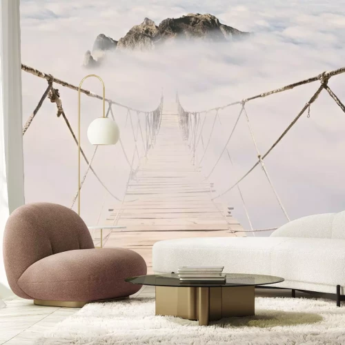 Fotobehang Touwbrug met houten planken in de lucht