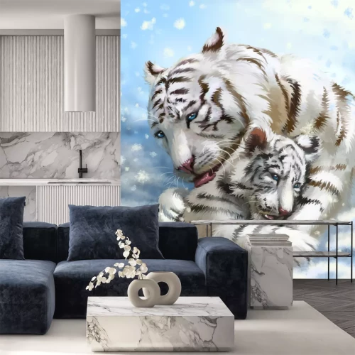Fotobehang Witte tijgers knuffelen
