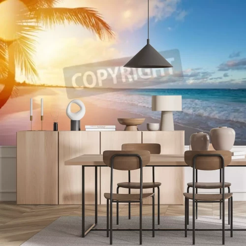 Fotobehang Zonsopgang, palmbomen en strand