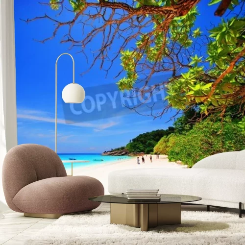 Fotobehang Strand groene bomen en oceaan