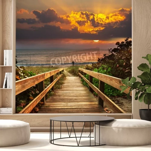 Fotobehang Zonsondergang en toegang tot het strand