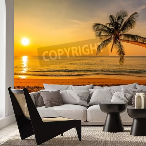 Fotobehang Strand palmbomen en de ondergaande zon