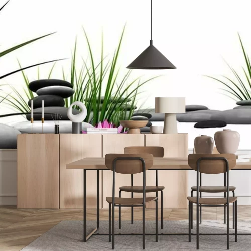 Fotobehang Gras, stenen en roze waterlelies