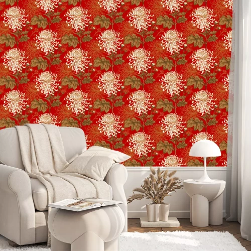 Behang Vintage beige chrysanten op een rode achtergrond